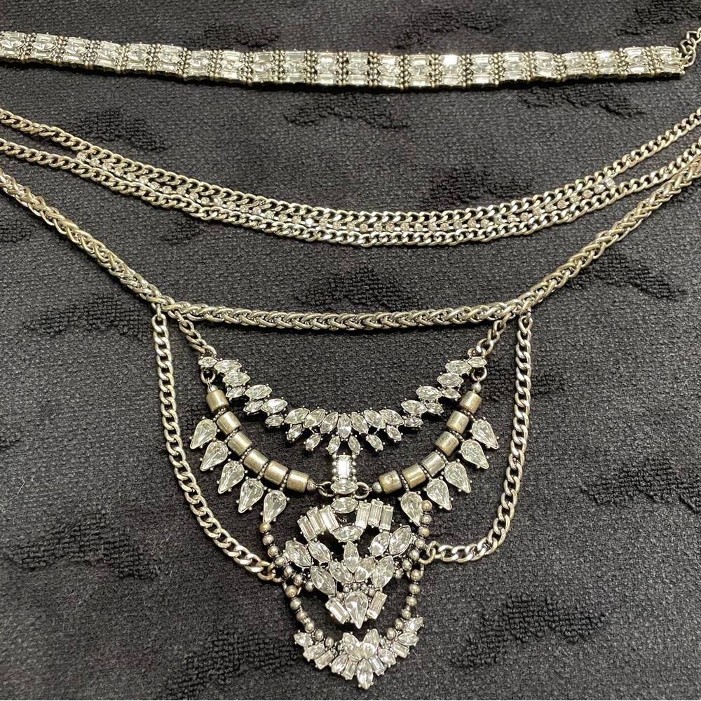 Two piece Silver Bib Necklace Set, Sparkling Gemstones